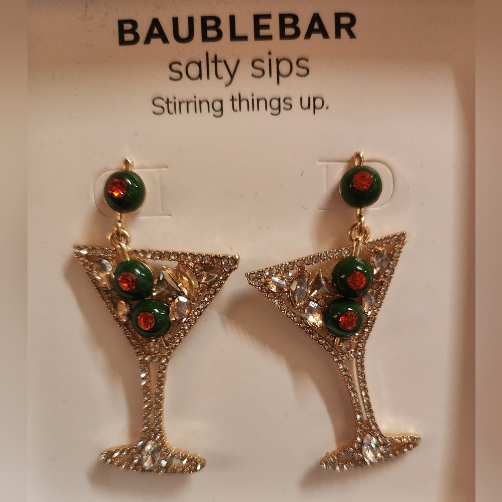 BaubleBar Martini Rhinestone Earrings Olive Accents - Picture 2 of 8
